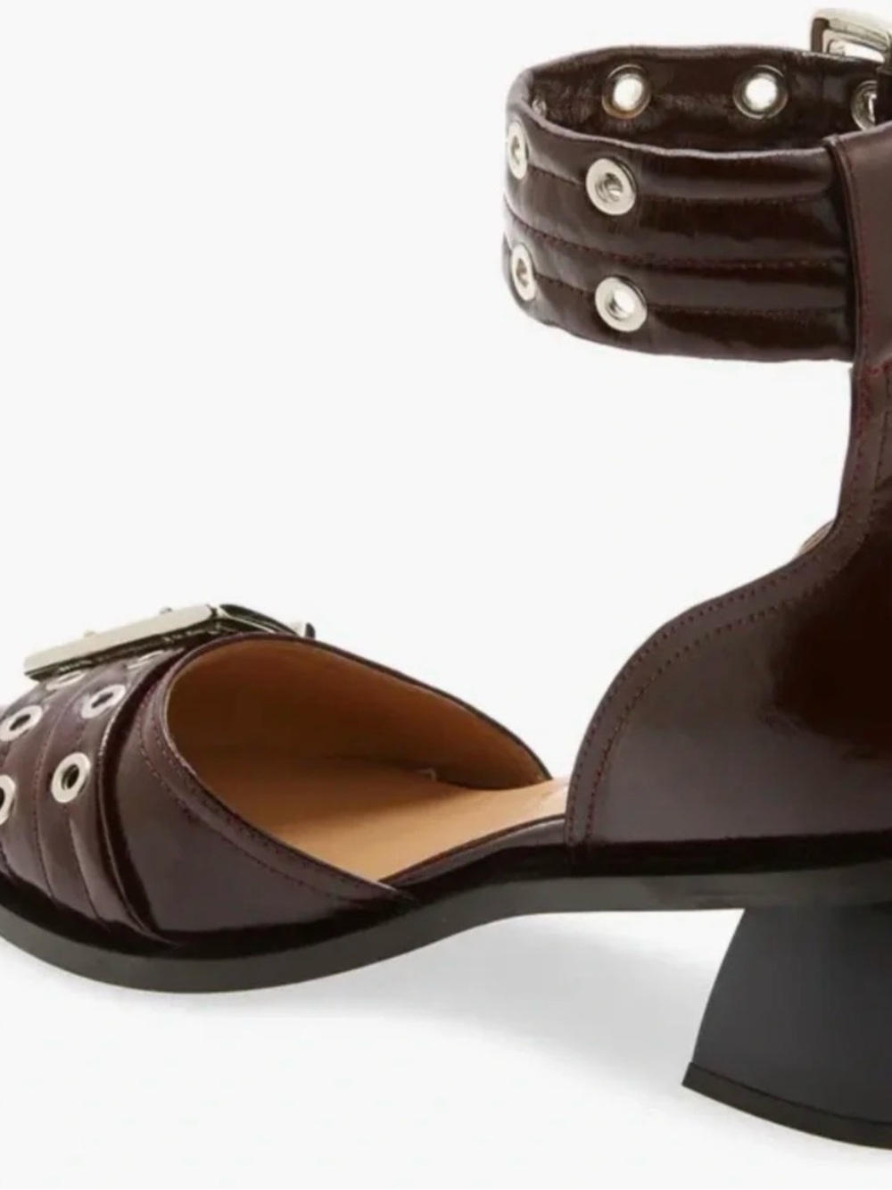 Ganni Burgundy Pointed Toe Ankle Strap Heels with Buckle - Picture 2 of 6